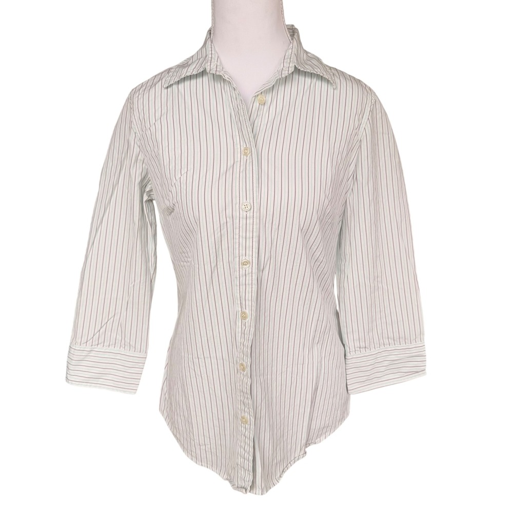 J.Crew Womens Small Teal Grey Striped 100%‎ Cotton 3/4 Sleeve Button Down Shirt
